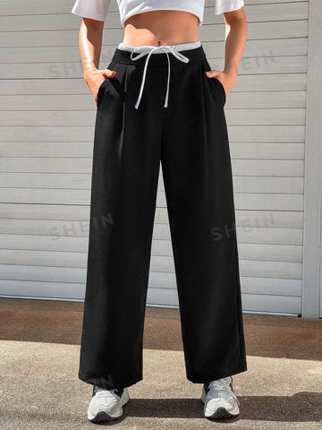 Essnce Women's Loose Fit Color Block Wide Leg Pants Elastic Waistband