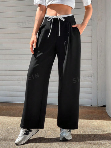 Essnce Women's Loose Fit Color Block Wide Leg Pants Elastic Waistband