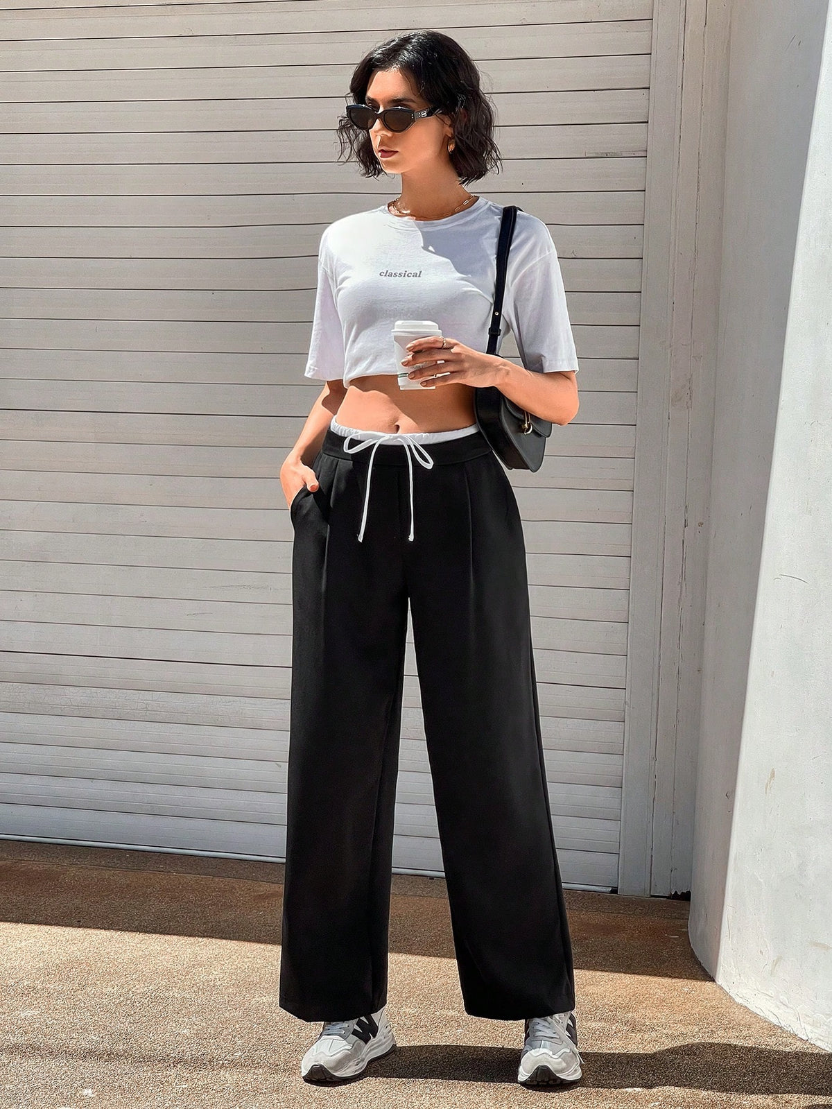 Essnce Women's Loose Fit Color Block Wide Leg Pants Elastic Waistband