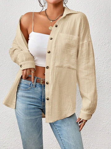 Essnce Women's Loose Fit Solid Color Drop Shoulder Long Sleeve Casual Shirt, Autumn