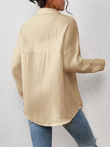 Essnce Women's Loose Fit Solid Color Drop Shoulder Long Sleeve Casual Shirt, Autumn