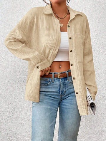 Essnce Women's Loose Fit Solid Color Drop Shoulder Long Sleeve Casual Shirt, Autumn