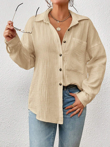 Essnce Women's Loose Fit Solid Color Drop Shoulder Long Sleeve Casual Shirt, Autumn