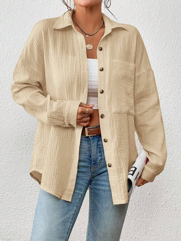 Essnce Women's Loose Fit Solid Color Drop Shoulder Long Sleeve Casual Shirt, Autumn