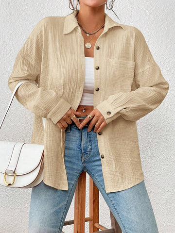 Essnce Women's Loose Fit Solid Color Drop Shoulder Long Sleeve Casual Shirt, Autumn