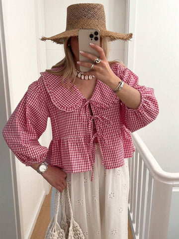 Essnce Women's Loose Lantern Sleeve Casual Cute Peter Pan Collar Tie-Up Red Tie-Up Checkered Shirt With Ruffle Trim, Summer
