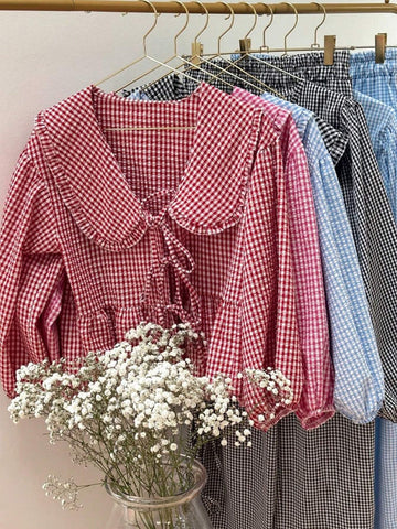 Essnce Women's Loose Lantern Sleeve Casual Cute Peter Pan Collar Tie-Up Red Tie-Up Checkered Shirt With Ruffle Trim, Summer