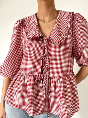 Essnce Women's Loose Lantern Sleeve Casual Cute Peter Pan Collar Tie-Up Red Tie-Up Checkered Shirt With Ruffle Trim, Summer