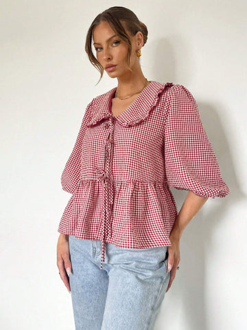 Essnce Women's Loose Lantern Sleeve Casual Cute Peter Pan Collar Tie-Up Red Tie-Up Checkered Shirt With Ruffle Trim, Summer