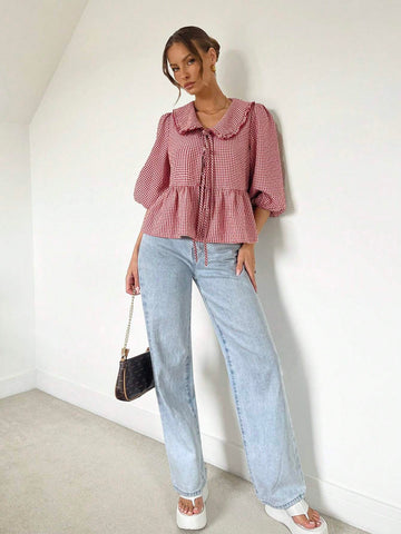 Essnce Women's Loose Lantern Sleeve Casual Cute Peter Pan Collar Tie-Up Red Tie-Up Checkered Shirt With Ruffle Trim, Summer