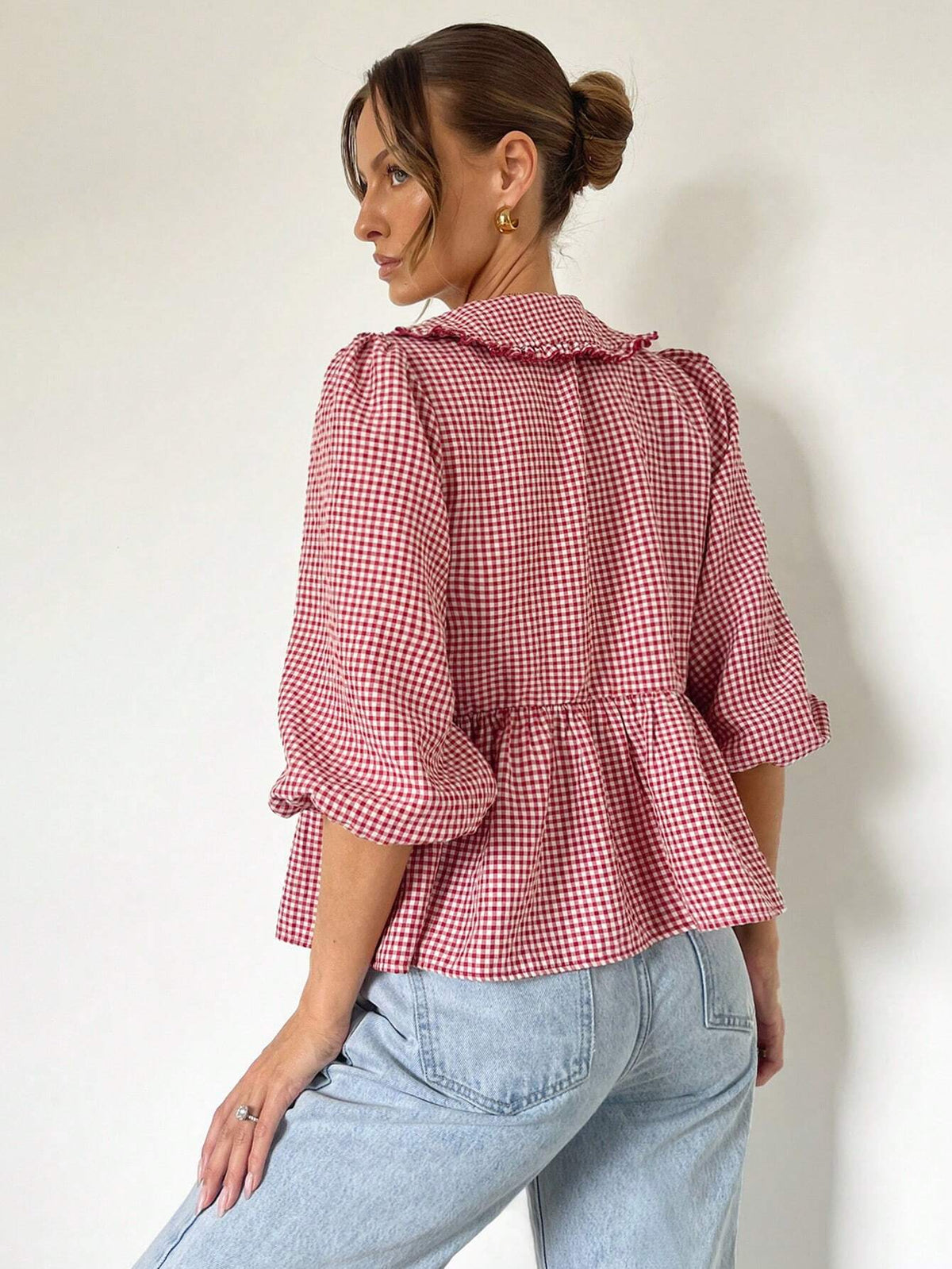 Essnce Women's Loose Lantern Sleeve Casual Cute Peter Pan Collar Tie-Up Red Tie-Up Checkered Shirt With Ruffle Trim, Summer