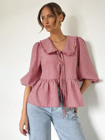 Essnce Women's Loose Lantern Sleeve Casual Cute Peter Pan Collar Tie-Up Red Tie-Up Checkered Shirt With Ruffle Trim, Summer