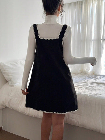 Women's Loose Rib Corduroy Pinafore Dress With Contrast Embroidered Shell Hem, Mini Dress