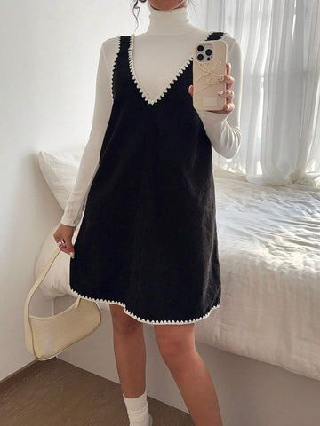 Women's Loose Rib Corduroy Pinafore Dress With Contrast Embroidered Shell Hem, Mini Dress