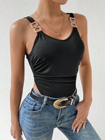 Women's Metallic Buckle Hollow Out Sleeveless Bodysuit