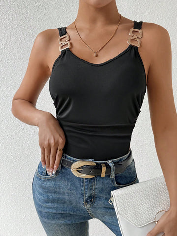 Women's Metallic Buckle Hollow Out Sleeveless Bodysuit