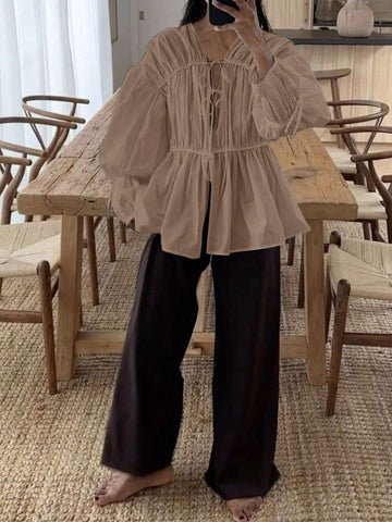 Essnce Women's New Pleated Detail V-Neck Tie Long Sleeve Blouse In White