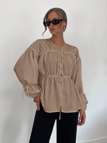 Essnce Women's New Pleated Detail V-Neck Tie Long Sleeve Blouse In White