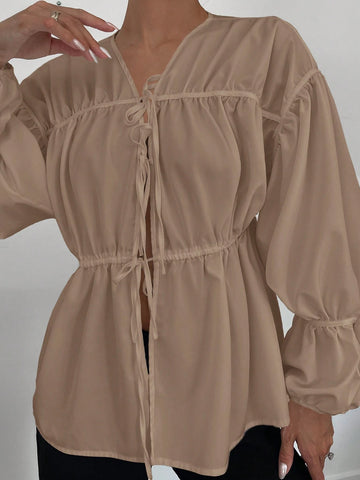 Essnce Women's New Pleated Detail V-Neck Tie Long Sleeve Blouse In White