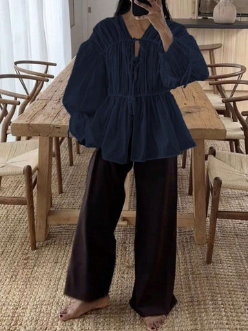 Essnce Women's New Pleated V-Neck Tie-Waist Long Sleeve Blouse In White