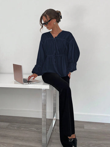 Essnce Women's New Pleated V-Neck Tie-Waist Long Sleeve Blouse In White