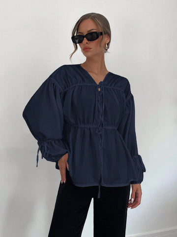 Essnce Women's New Pleated V-Neck Tie-Waist Long Sleeve Blouse In White