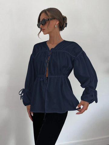 Essnce Women's New Pleated V-Neck Tie-Waist Long Sleeve Blouse In White