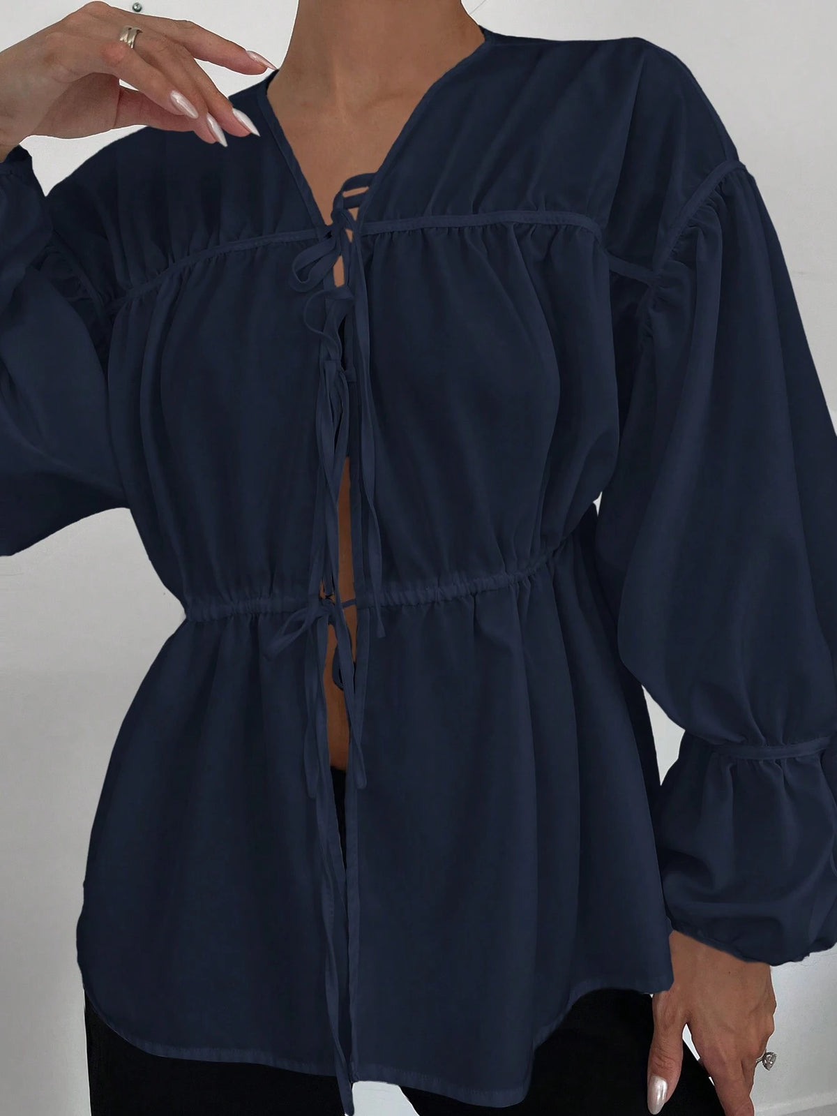 Essnce Women's New Pleated V-Neck Tie-Waist Long Sleeve Blouse In White