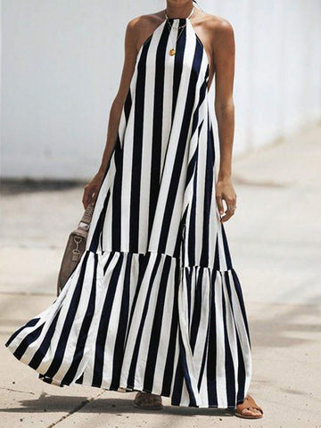 Women's Off-Shoulder Striped Dress With Neck-Tie And Ruffle Hem