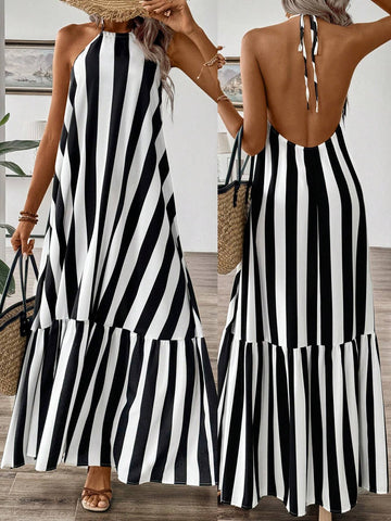 Women's Off-Shoulder Striped Dress With Neck-Tie And Ruffle Hem