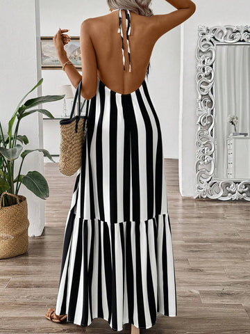 Women's Off-Shoulder Striped Dress With Neck-Tie And Ruffle Hem