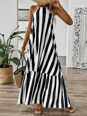 Women's Off-Shoulder Striped Dress With Neck-Tie And Ruffle Hem