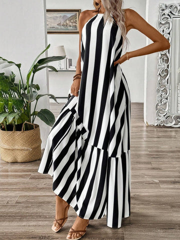 Women's Off-Shoulder Striped Dress With Neck-Tie And Ruffle Hem