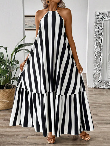 Women's Off-Shoulder Striped Dress With Neck-Tie And Ruffle Hem