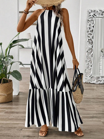Women's Off-Shoulder Striped Dress With Neck-Tie And Ruffle Hem