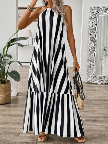 Women's Off-Shoulder Striped Dress With Neck-Tie And Ruffle Hem
