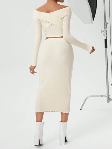 Women's Off-shoulder Long Sleeve Top And Skirt Two Piece Set