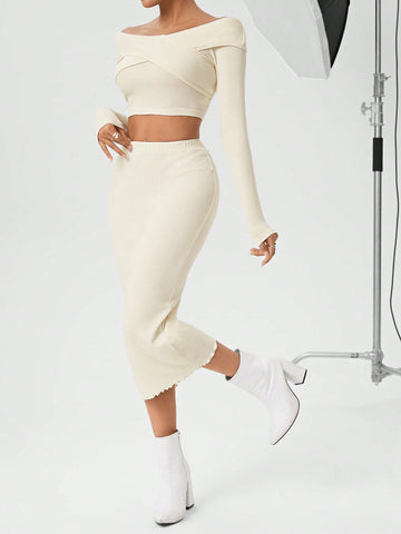 Women's Off-shoulder Long Sleeve Top And Skirt Two Piece Set