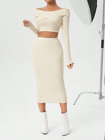 Women's Off-shoulder Long Sleeve Top And Skirt Two Piece Set