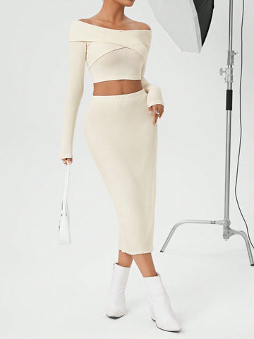 Women's Off-shoulder Long Sleeve Top And Skirt Two Piece Set