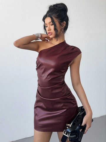Women's PU Pleated Asymmetric Bodycon Dress, Burgundy Faux Leather Pleated Bodycon Dress,