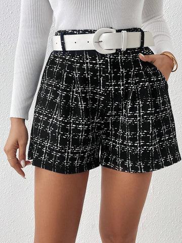 Essnce Women's Plaid Pocket Loose Elegant Shorts,Black Shorts,Going Out Bottoms,Fall Clothes