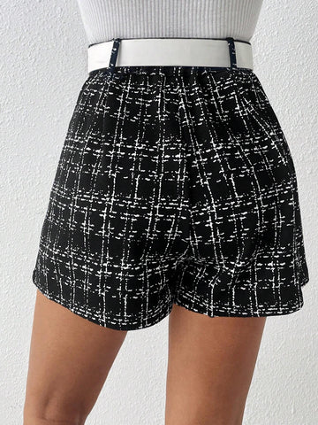 Essnce Women's Plaid Pocket Loose Elegant Shorts,Black Shorts,Going Out Bottoms,Fall Clothes