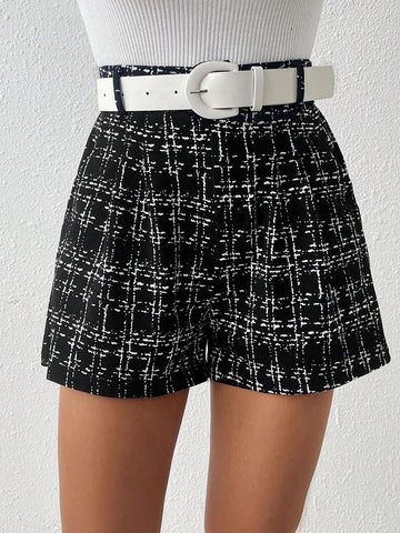 Essnce Women's Plaid Pocket Loose Elegant Shorts,Black Shorts,Going Out Bottoms,Fall Clothes