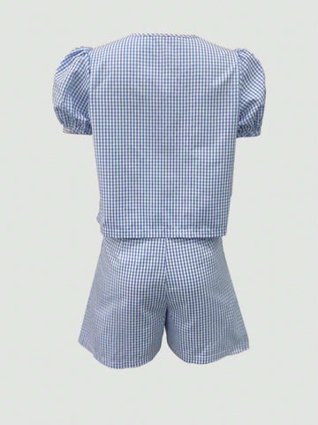 Women's Plaid Printed Front Tie Short Sleeve Top And Shorts, Casual 2pcs/Set Summer Outfit
