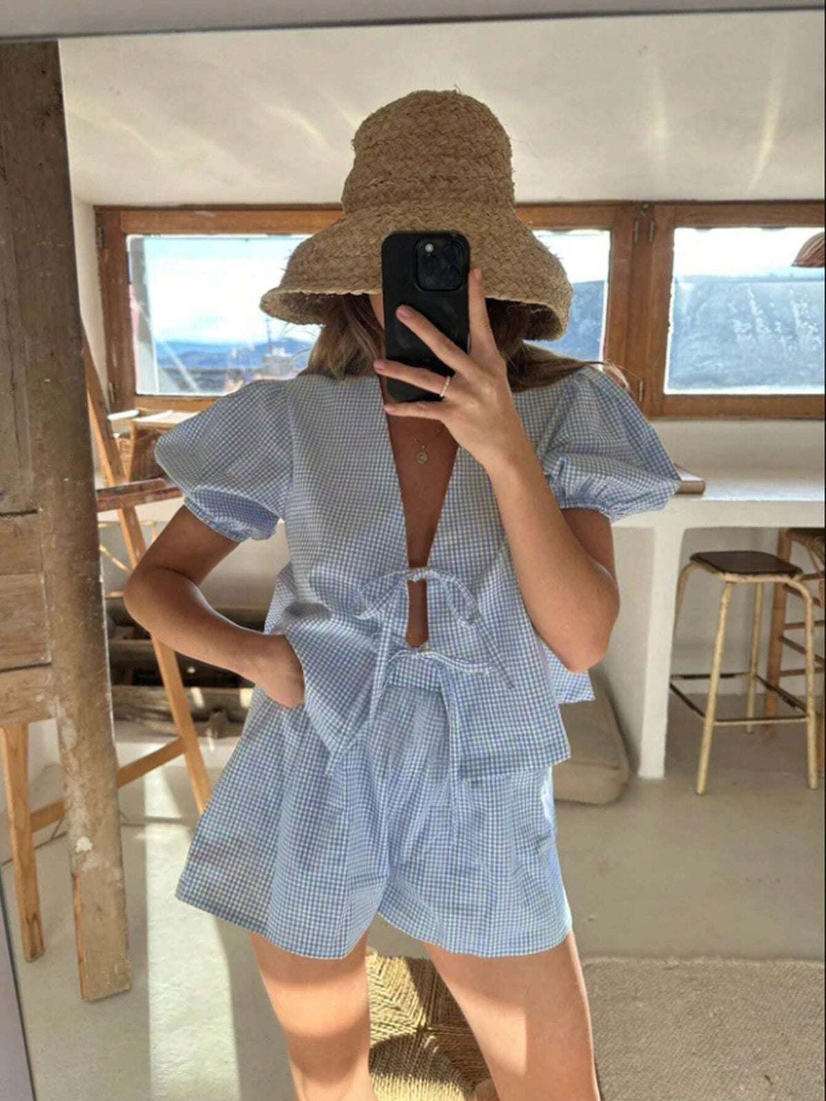 Women's Plaid Printed Front Tie Short Sleeve Top And Shorts, Casual 2pcs/Set Summer Outfit