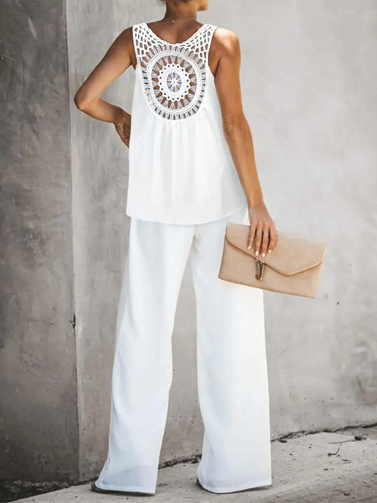 Women's Plain Color Hollow Out Back Vest And Pants Two Piece Set