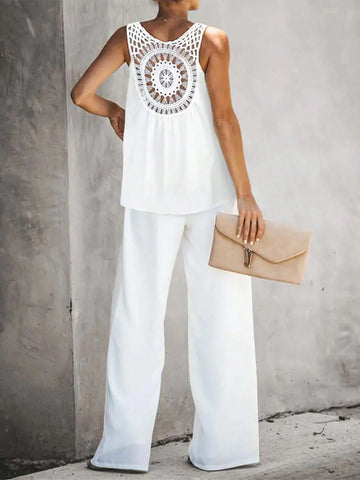 Women's Plain Color Hollow Out Back Vest And Pants Two Piece Set