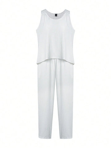 Women's Plain Color Hollow Out Back Vest And Pants Two Piece Set