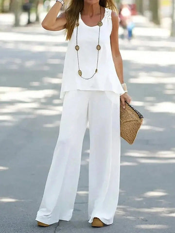 Women's Plain Color Hollow Out Back Vest And Pants Two Piece Set